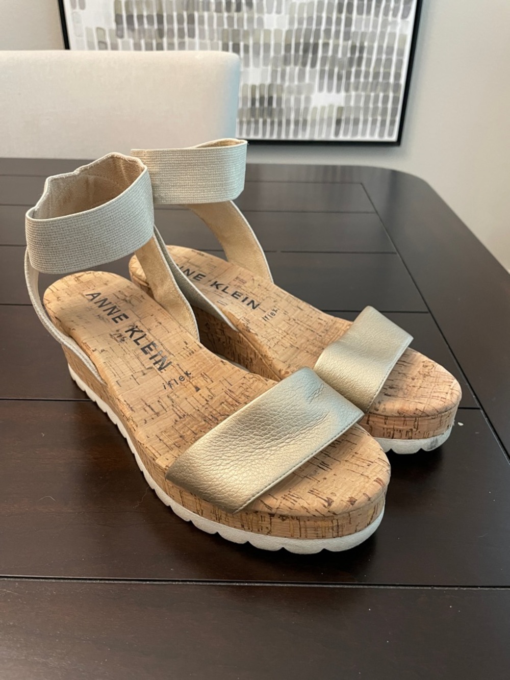 Anne Klein Gold Cork Wedge Sandals with Elastic Ankle Strap